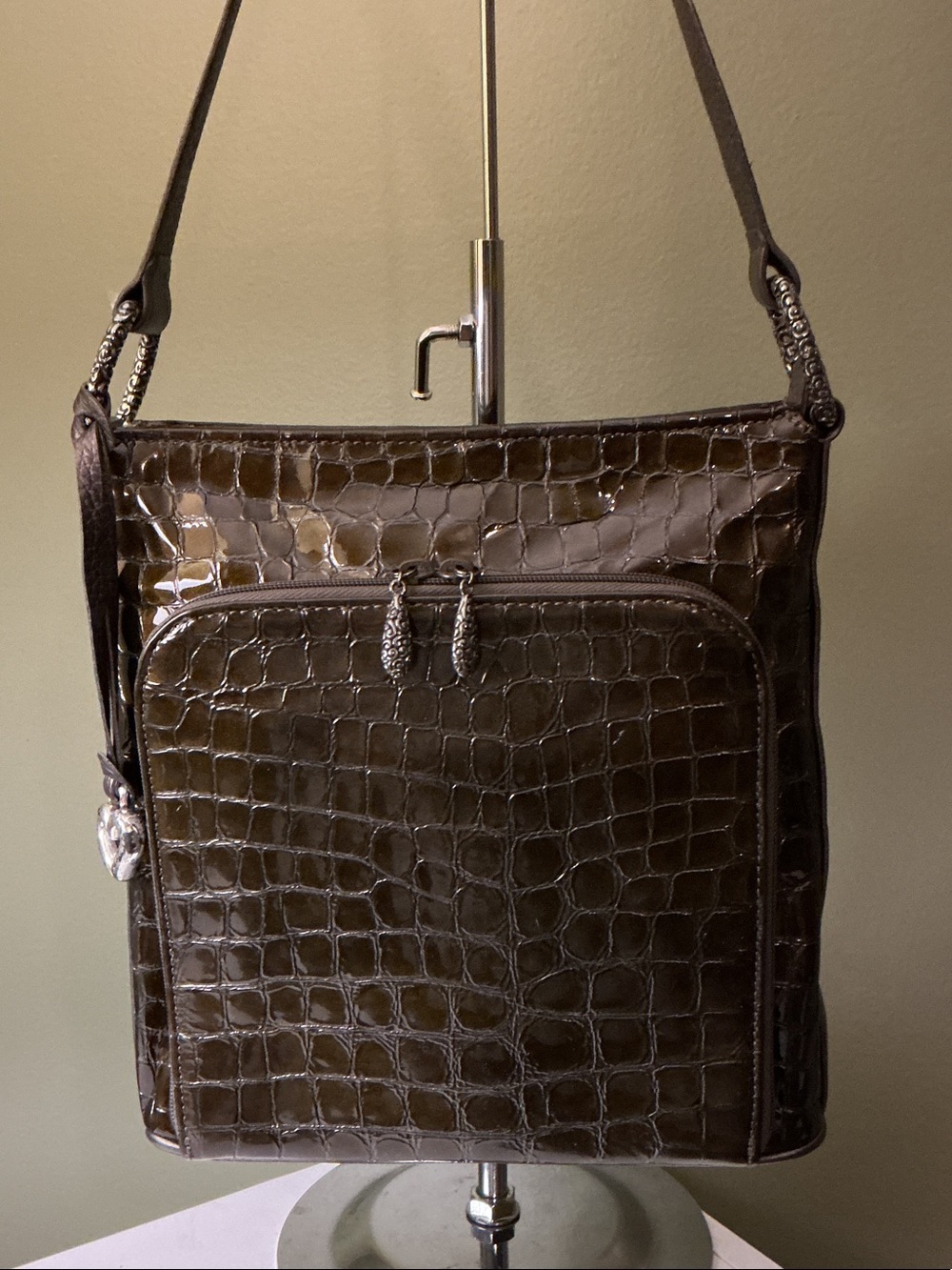 Brighton Sonny Olive Brown Croc-Embossed Patent Leather Shoulder Bag